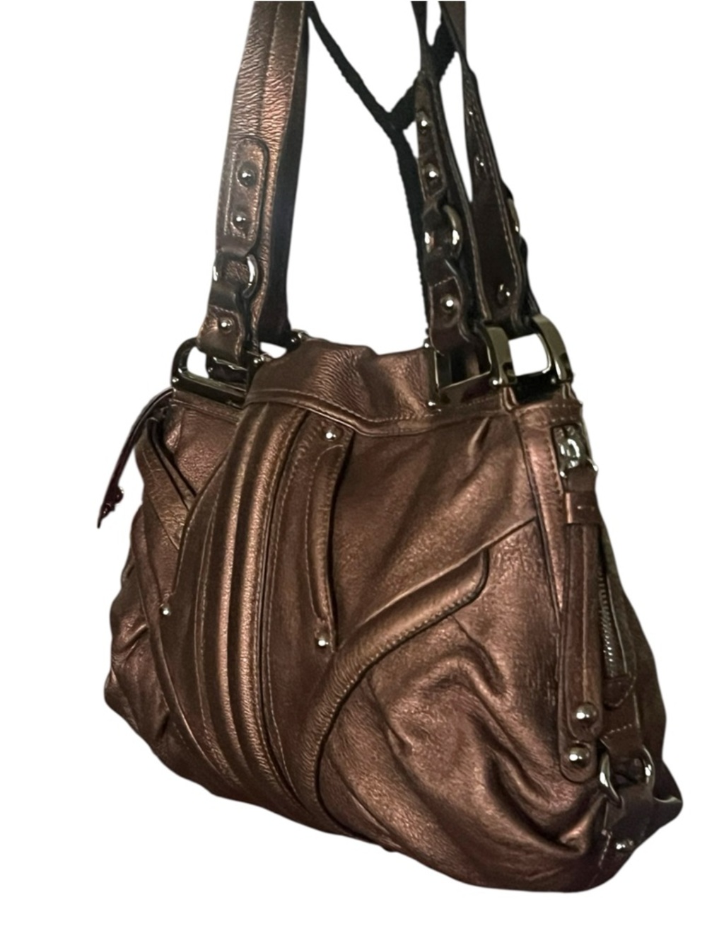 B.MAKOWSKY Monaco Hobo/Satchel metallic bronze pebbled leather handbag. - Picture 3 of 9